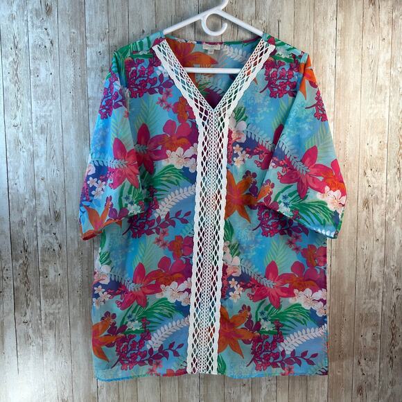 Talbots Caftan Cover Up‎ Dress Womens L Multicolor Floral Tropical Beach Swim - Picture 1 of 6